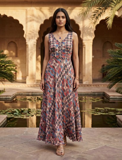 Multicolour printed satin silk designer long dress