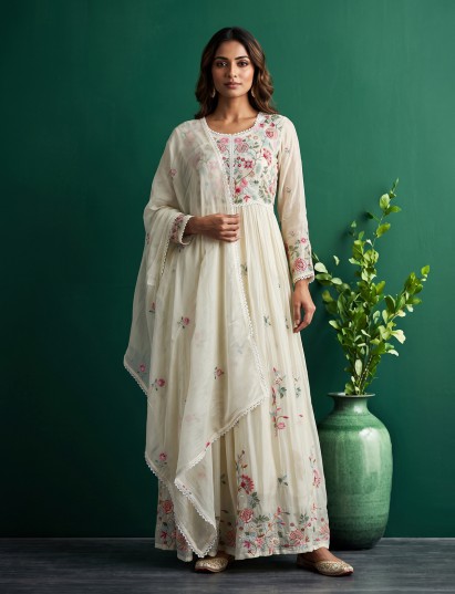 White shimmer silk floor length kurti set for celebrations