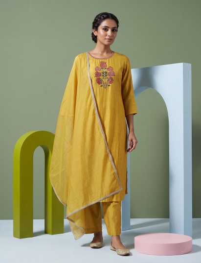 Mustard traditional cotton silk kurti set with dupatta