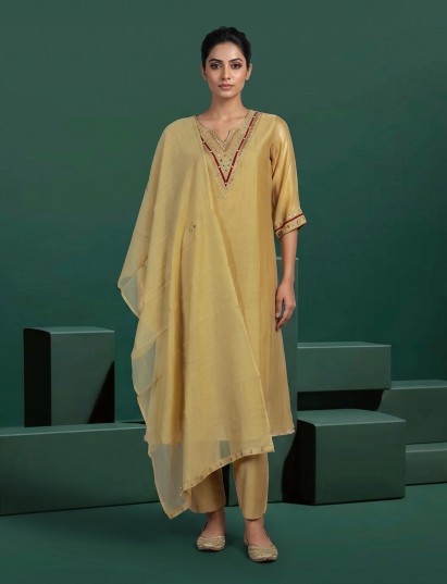Mustard artisan embroidered cotton silk festive kurti set