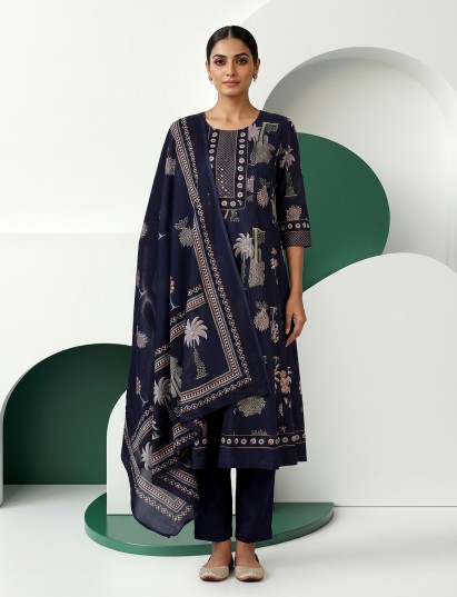 Blue heritage print cotton silk kurti set with dupatta