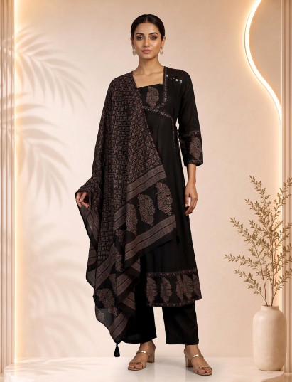 Black printed anarkali kurti set with festive elegance