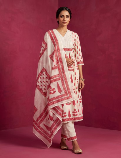 Off white floral printed cotton silk kurti set