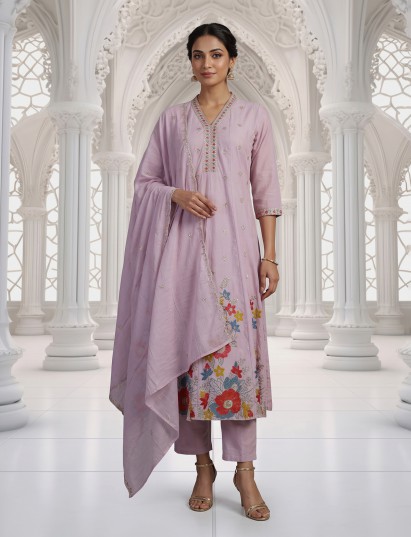 Light purple embroidered festive kurti set for women