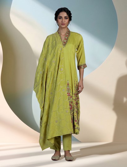 Green embroidered crepe silk festive kurti set
