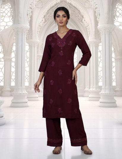 Wine embroidered straight kurti set with ethnic finesse