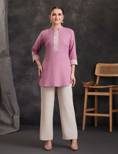 Pink designer cotton blend co-ord set with graceful embroidery