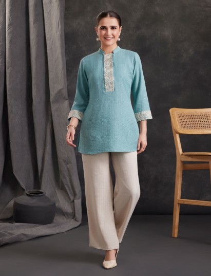 Sky blue embroidered cotton blend co-ord set with timeless elegance