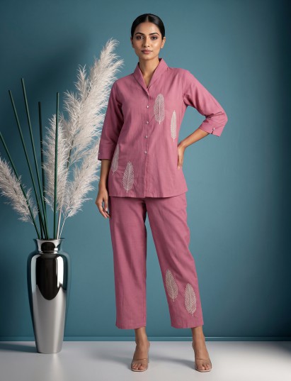Pink cotton embroidered co ord set for casual festive wear