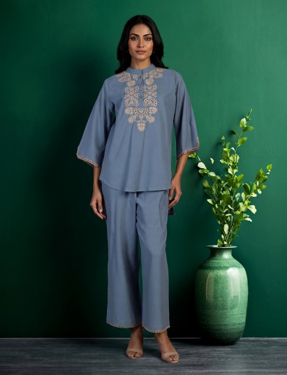 Stone blue cotton linen stylish co ord set with embroidery