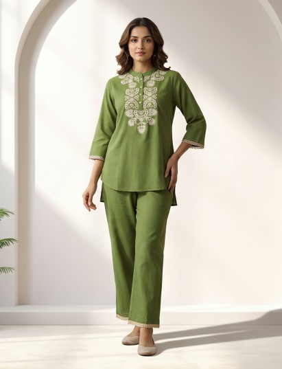 Green cotton linen ethnic co ord set with embroidered pants