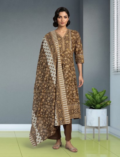 Dusty brown cotton silk anarkali kurti set with elegant dupatta