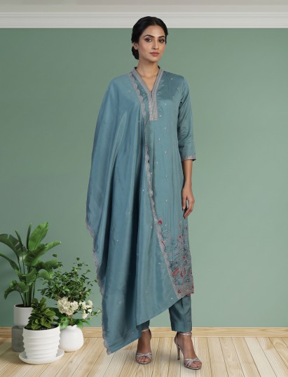 Pastel blue silk anarkali kurti set with matching dupatta