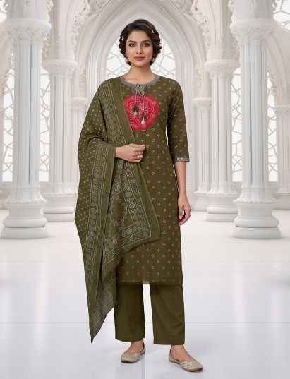 Mehendi green silk embroidered kurti set with printed dupatta