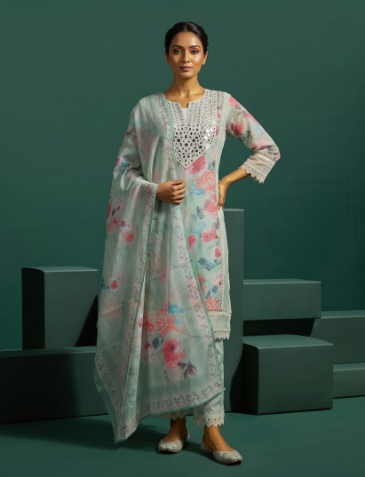 Off white linen yoke style kurti set with floral dupatta