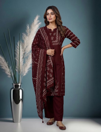 Wine silk festive kurti set with printed dupatta and pants