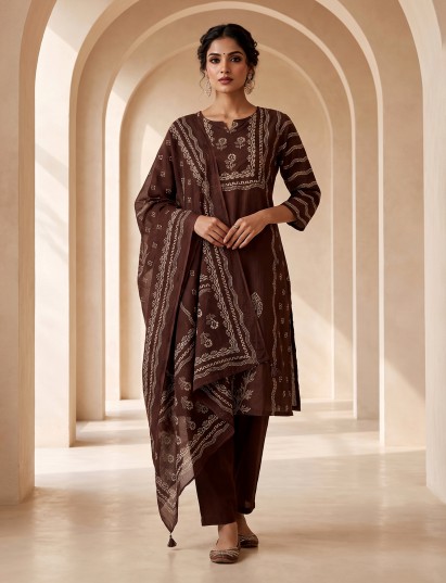 Coffee brown silk embellished kurti set with matching pants