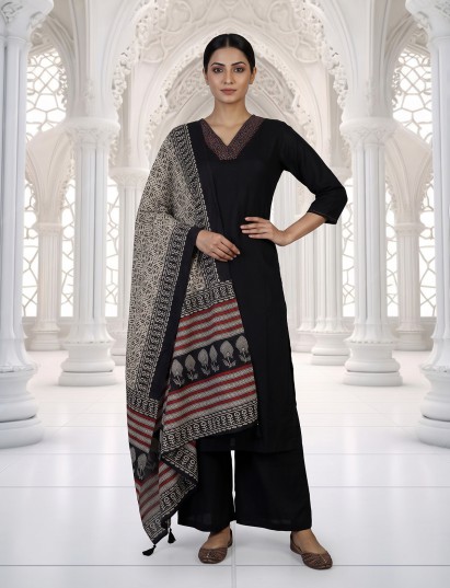 Black cotton festive kurti set with elegant printed dupatta