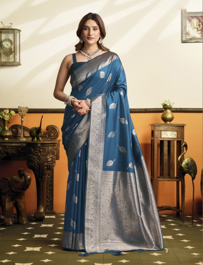 Rama blue soft silk saree with zari work pallu tassels