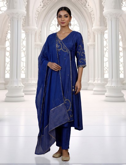 Royal blue silk anarkali salwar suit with gota zardosi embroidery dupatta