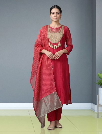 Rani pink tissue silk anarkali salwar suit with elegant dupatta pant