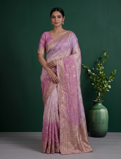 Light purple dola silk designer saree with festive shimmer work