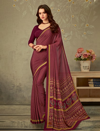 Dark maroon crepe silk graceful printed saree for casual occasions