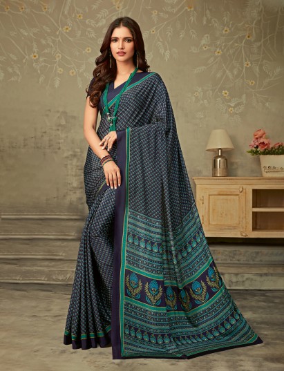 Navy crepe silk contemporary printed saree for everyday ethnic fashion