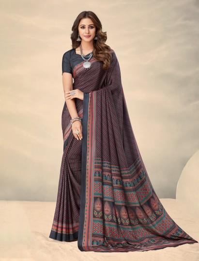 Charcoal black crepe silk modern printed saree for everyday style