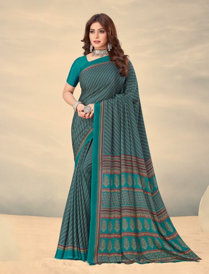 Rama green crepe silk trendy printed saree for daily ethnic look