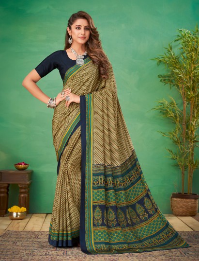 Cream and navy crepe silk elegant printed saree for casual wear
