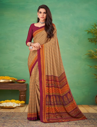 Cream and wine crepe silk beautiful printed saree for daily style