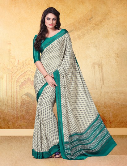 Off white and green crepe silk designer saree with contrast border
