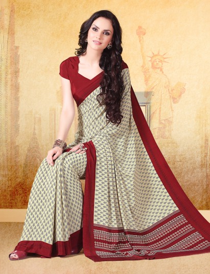 Off white and maroon crepe silk elegant saree with printed pallu