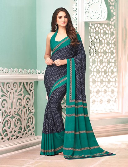 Navy and green crepe silk stylish saree with contrast border