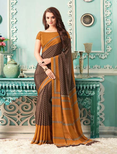 Brown and rust orange crepe silk designer printed everyday saree