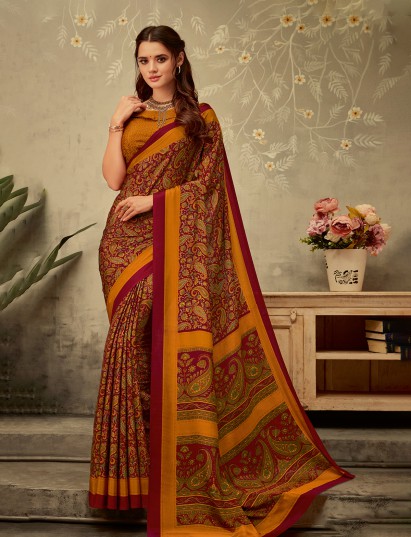 Wine and mustard yellow crepe silk elegant printed ethnic saree