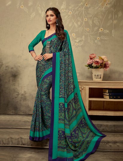 Green and purple crepe silk fashionable saree with contrast pallu