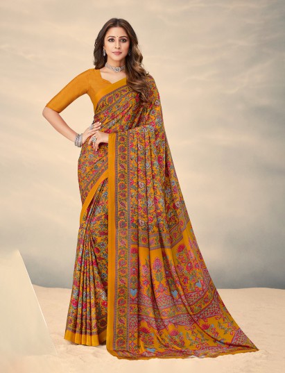 Mustard yellow floral crepe silk elegant saree for everyday wear