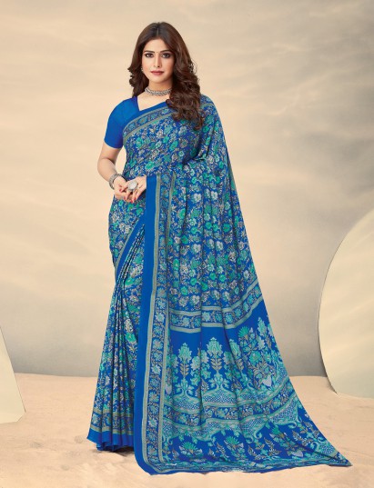 Bright blue floral crepe silk stylish casual saree for women