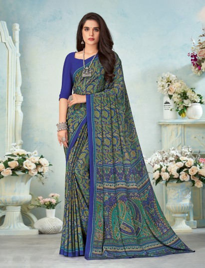 Royal blue crepe silk graceful printed saree with timeless appeal
