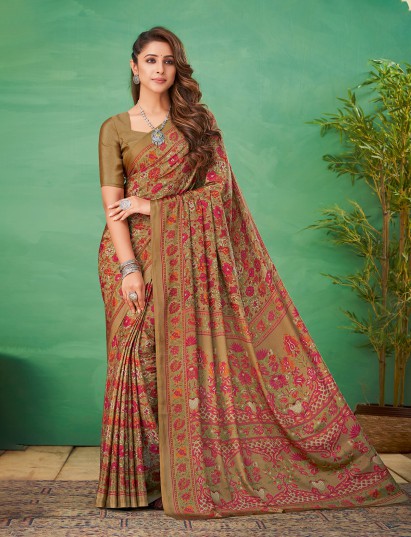 Mehendi olive floral printed crepe silk casual saree