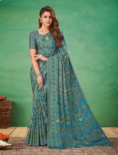 Grey floral printed crepe silk casual saree
