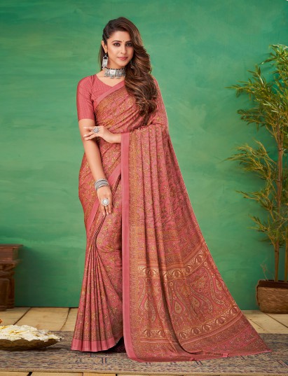 Pink floral printed crepe silk casual saree