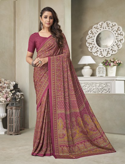 Wine floral printed crepe silk casual saree