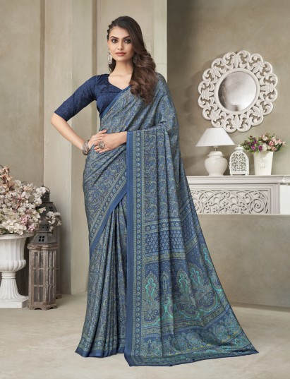 Blue floral printed crepe silk casual saree