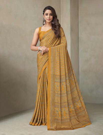 Mustard yellow floral printed crepe silk casual saree