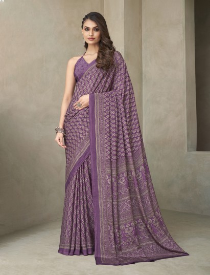 Lavender purple floral printed crepe silk casual saree