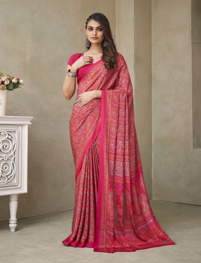 Rani pink floral printed crepe silk casual saree