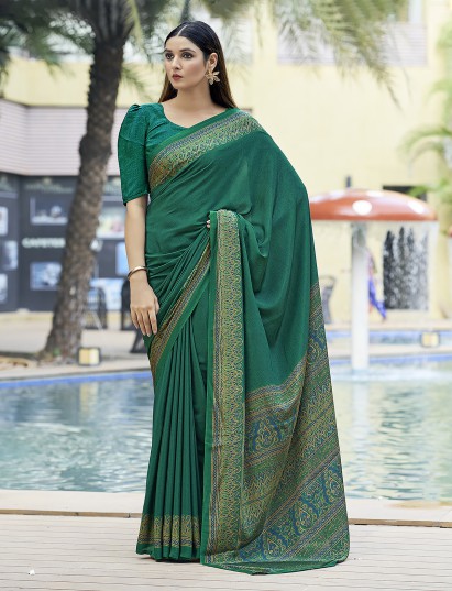 Green printed crepe silk casual saree with contrast border and pallu